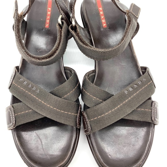 Prada Brown Leather Canvas Platform Sandals - Picture 3 of 11